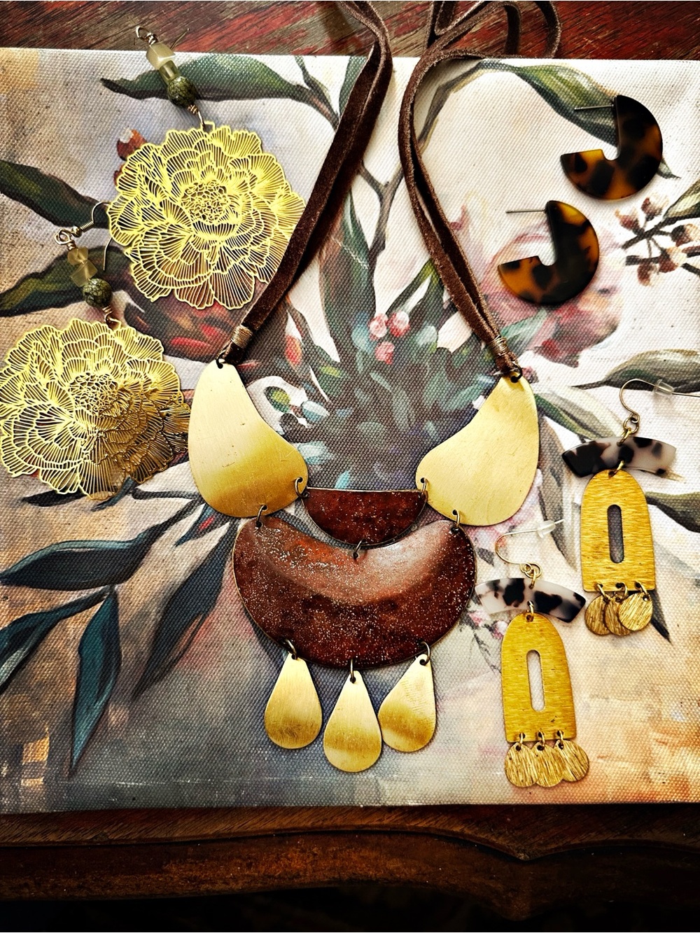 Mid Century Modern Brass Aged Rust/Wine Berry Statement Necklace on Suede